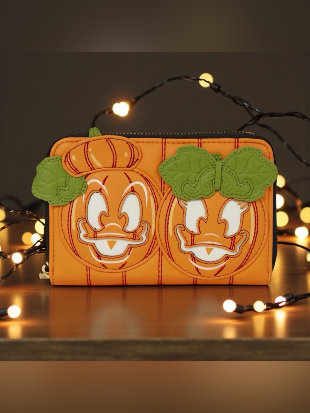 Loungefly Donald & Daisy Jack-o'-Lantern Exclusive Glow Zip Around Wallet NWT